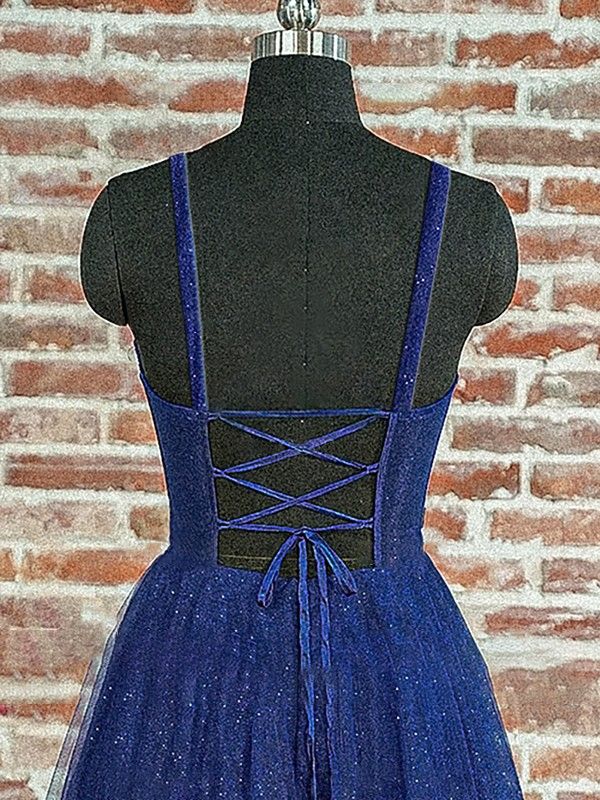 Blue Tulle Appliques Long Prom Dresses, A-Line Strapless Evening Dresses   S2224