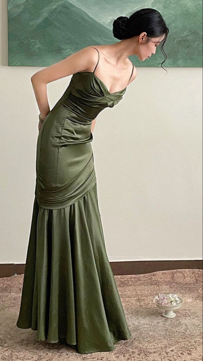 Sexy Mermaid Straps Green Party Dresses Satin Long Prom Dresses       S5245