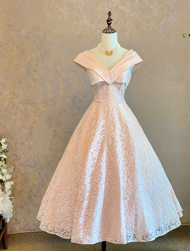Pink V-neck fitted lace A-line ball gown, bridal dress R7239