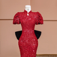 Red puff-sleeved, fitted waist, bodycon, sexy long ball gown/bridal dress R8392