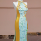 Light blue and yellow spliced cheongsam sexy long ball gown R8335