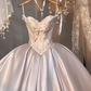 White elegant satin strap one shoulder puffy skirt bridal dress R5694