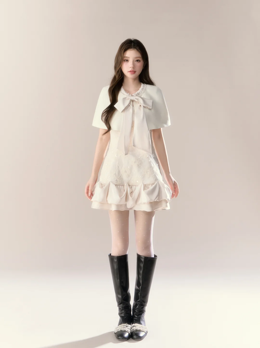 White short-sleeved slim waist A-line short skirt homecoming dress R5397