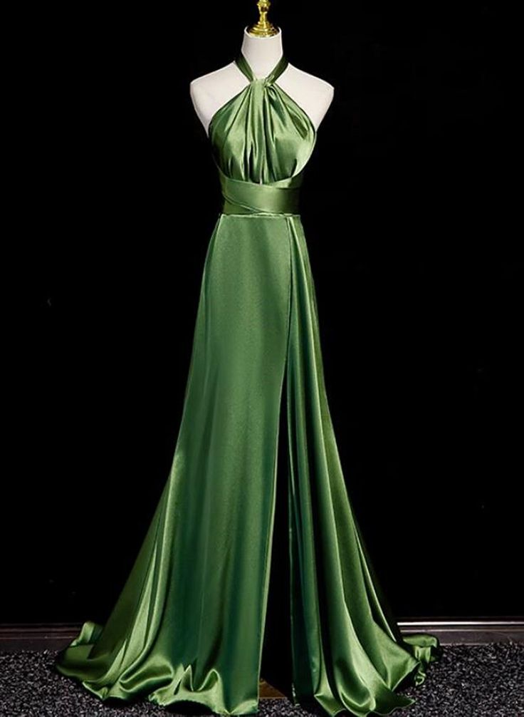 Modest Simple Green Split Front Evening Dresses A-Line Princess Prom Gown     S6949