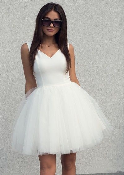 V Neck White Short Short White V Neck Homecoming Dresses     S2673