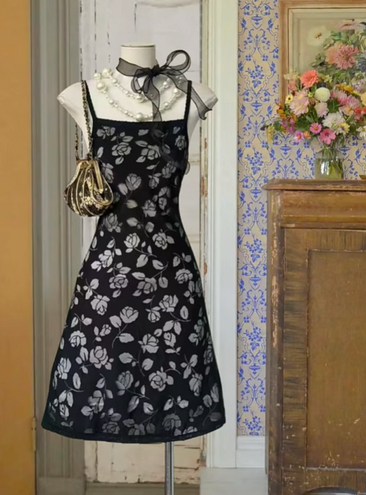 Black vintage floral print backless fitted A-line mini dress, prom dress R6248