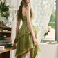 Olive Green Asymmetric Lace Cami Dress with Tiered Ruffle Skirt and Corset Back R9264