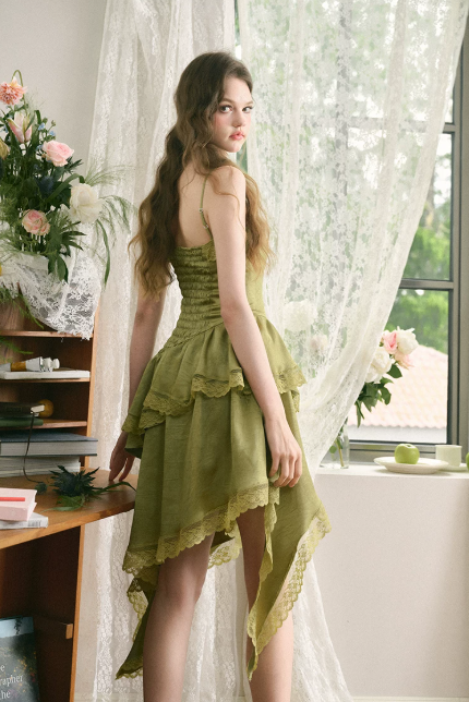 Olive Green Asymmetric Lace Cami Dress with Tiered Ruffle Skirt and Corset Back R9264