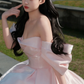 Pink Strapless One Shoulder Satin Waist Puffy Skirt Homecoming Dress R4184