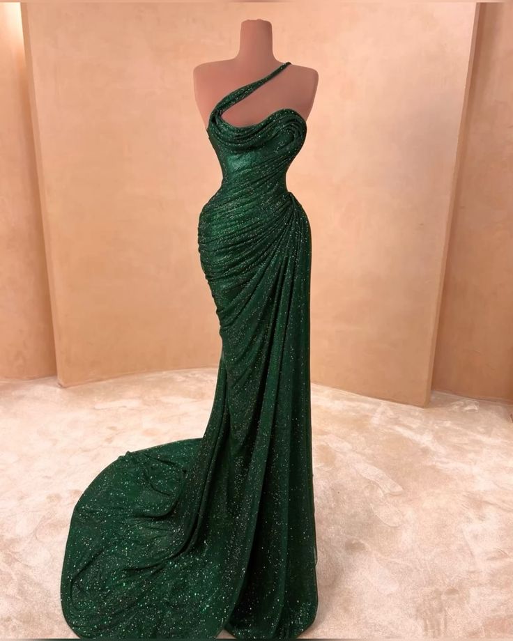 Dark Green Sequin One Shoulder Elegant Evening Gowns Long Prom Dress     S7234
