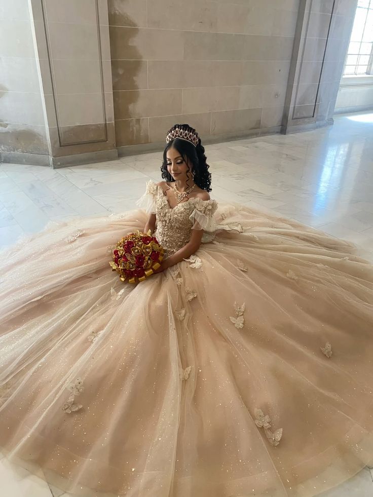 Champagne Quinceanera Off Shoulder Sweet 16 Applique Party Ball Gown     S7228