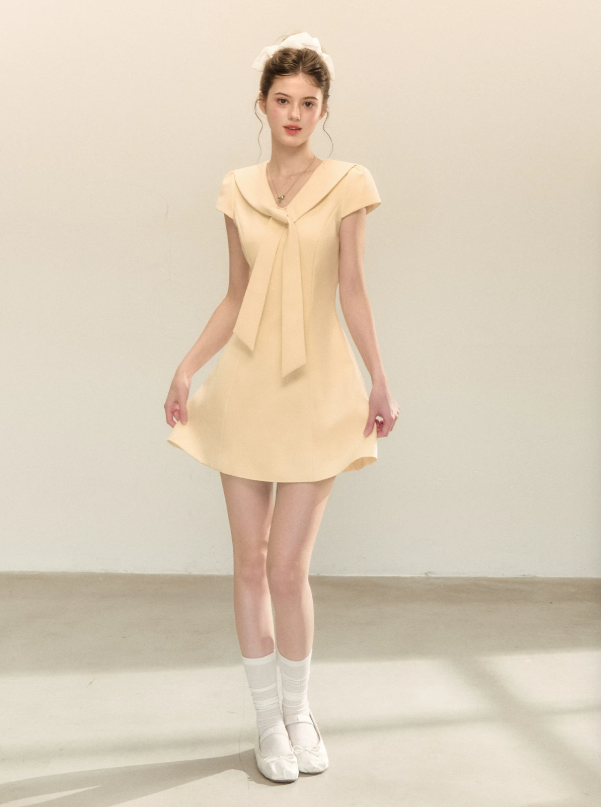Light Yellow Short Sleeve Sailor Collar Dress with Back Zipper R9217