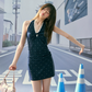 Navy Blue Polka Dot Halter Neck Mini Dress Women Lace Trim Bodycon Dress R9351