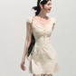 Cream White Eyelet Embroidered Square Neck Mini Dress Women High Waist A-Line Dress R9355