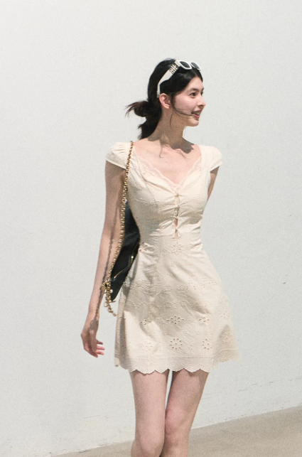 Cream White Eyelet Embroidered Square Neck Mini Dress Women High Waist A-Line Dress R9355