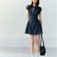 Navy Blue Keyhole Neck Short Sleeve Mini Dress Women With Bow Tie Detail R9393