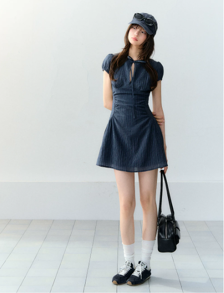 Navy Blue Keyhole Neck Short Sleeve Mini Dress Women With Bow Tie Detail R9393