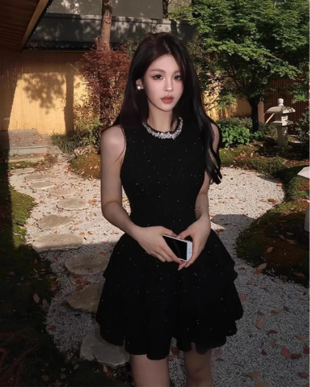 Black sleeveless slim waist A-line daughter feeling short skirt homecoming dress R4225