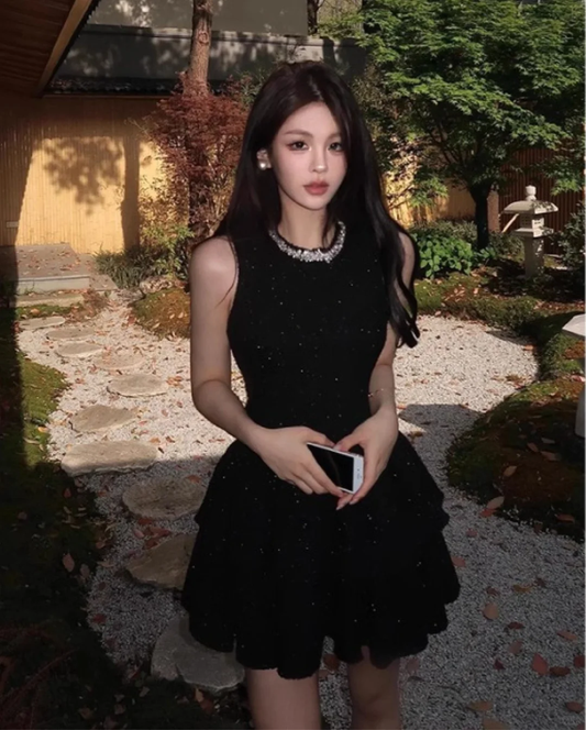 Black sleeveless slim waist A-line daughter feeling short skirt homecoming dress R4225