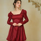 Burgundy Square Neck Mini Dress with Ruffle Trim, Ruched Puff Sleeves & Smocked Back R9183