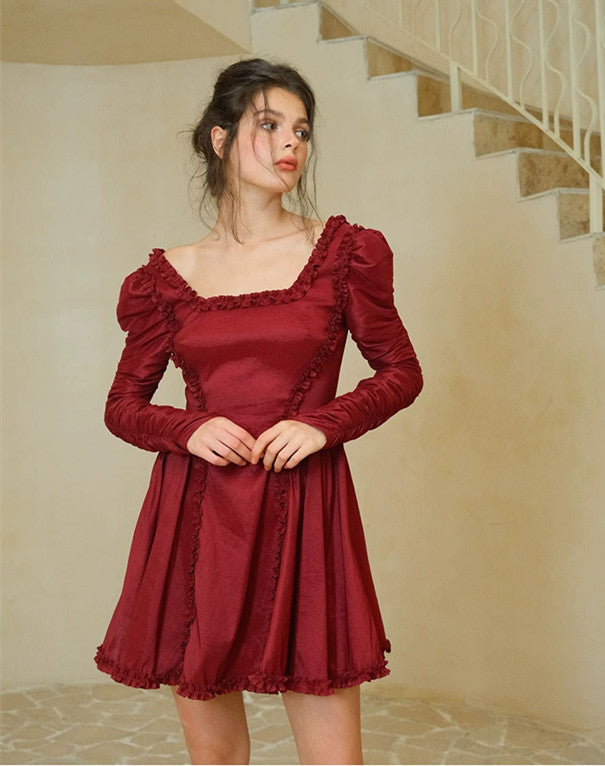 Burgundy Square Neck Mini Dress with Ruffle Trim, Ruched Puff Sleeves & Smocked Back R9183