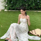 Cute A line Halter Ruffled Floral Blue Women's Long Vacation Dresses       S5423