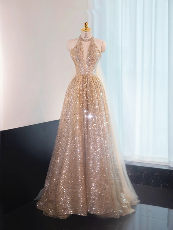Apricot halter neck fitted waist long ball gown, bridal dress R9003
