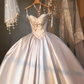 White elegant satin strap one shoulder puffy skirt bridal dress R5694