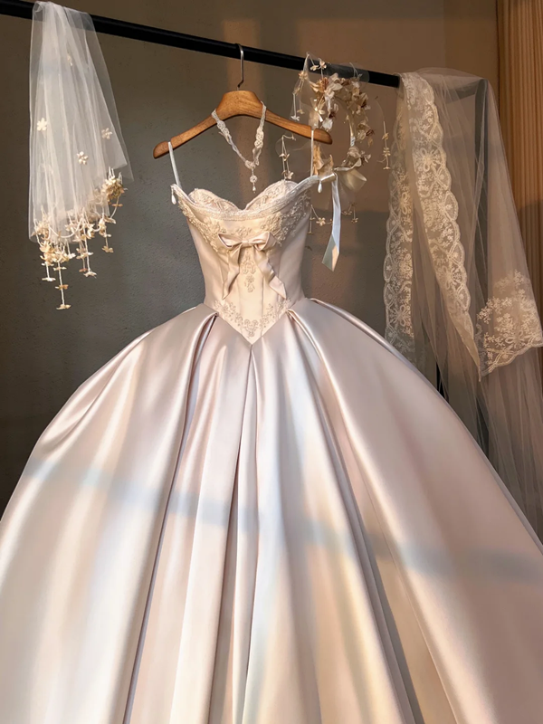 White elegant satin strap one shoulder puffy skirt bridal dress R5694