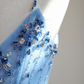 Blue halter-neck fitted waist long ball gown with feather skirt R8452
