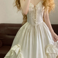 White Spaghetti-Strap Waist-Cinched Puffy-Hem Ball Gown, Bridal Gown R7320