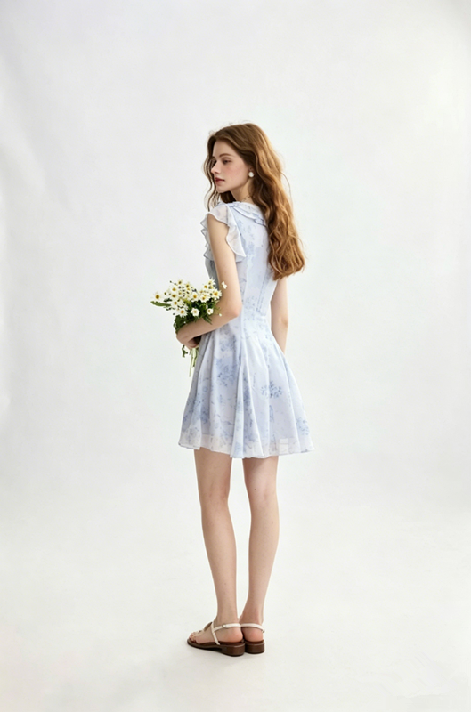 Light Blue Floral Print Mini Dress Women With Ruffle Trim And Bow Detail R9468