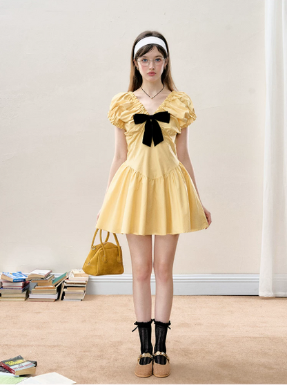 2026 Summer Yellow Puff Sleeve Dress Women, Coquette Black Bow V-Neck A-Line Mini Dress R9324