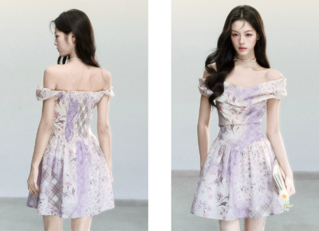 Lavender Floral Print Off The Shoulder Mini Dress Women With Vintage Romantic Style R9403