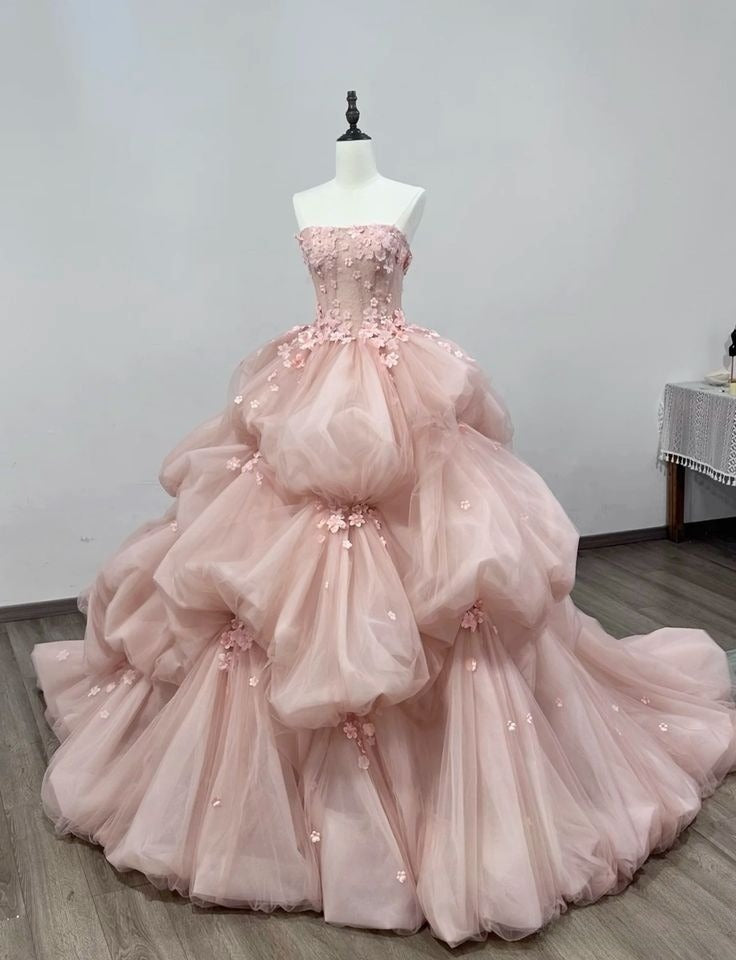 Pink Ruffle Quinceanera Dress 3D Flower Princess Sleeveless Sweet 15 Ball Gown     S7202