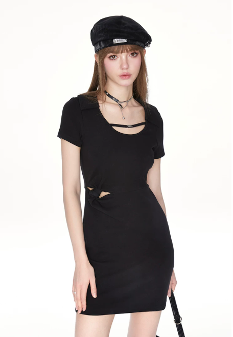Black Deep U Neck Bodycon Dress Women With Twisted Waist Cutout Detail R9390