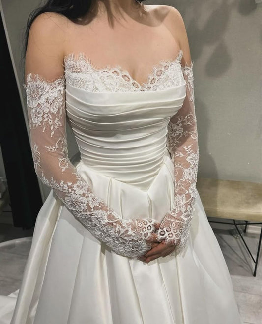 A Line Satin Lace Wedding Dress Modest Princess Bridal Gown      S7095