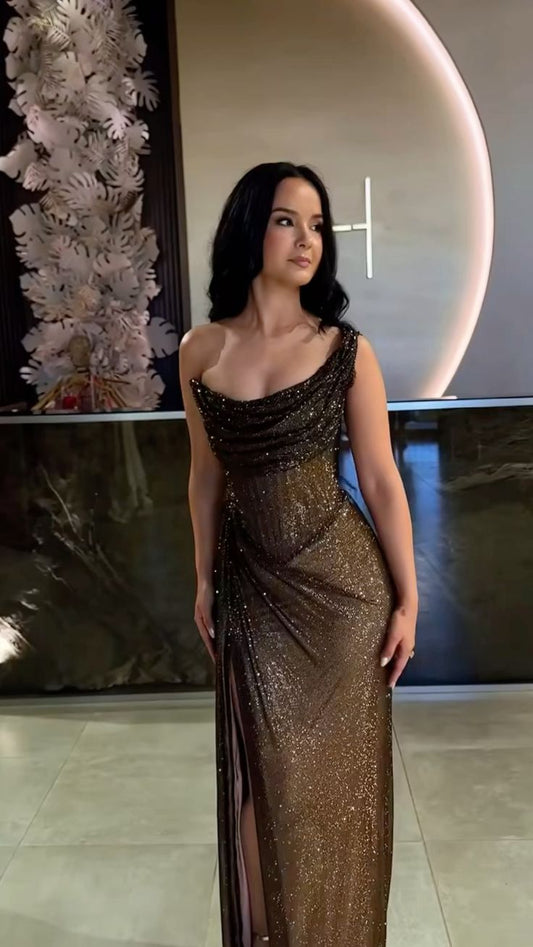 Glitty Asymmetrical Ruched Slit Long Sequin Dress    S6955