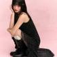 Black Polka Dot Slip Dress with Sweetheart Neck, Ruffled Trim, Asymmetric Hem R9255