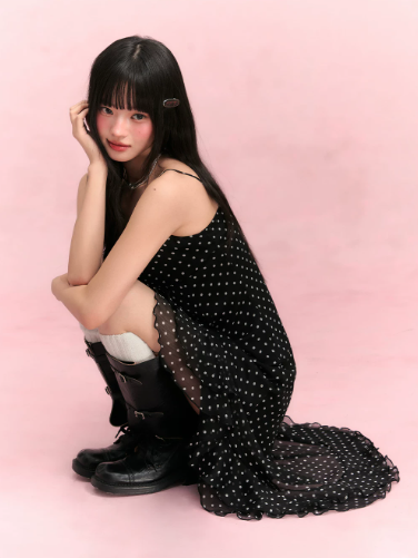 Black Polka Dot Slip Dress with Sweetheart Neck, Ruffled Trim, Asymmetric Hem R9255