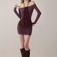 Halter Off-Shoulder Long Sleeve Dress With Ruched Skirt And Mesh Detail R9283