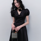 Black Satin V Neck Mini Dress Women With Puff Sleeves And Bow Detail R9437