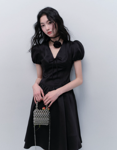 Black Satin V Neck Mini Dress Women With Puff Sleeves And Bow Detail R9437
