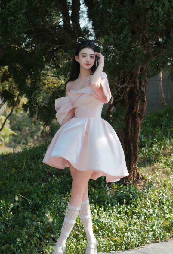 Pink Strapless One Shoulder Satin Waist Puffy Skirt Homecoming Dress R4184