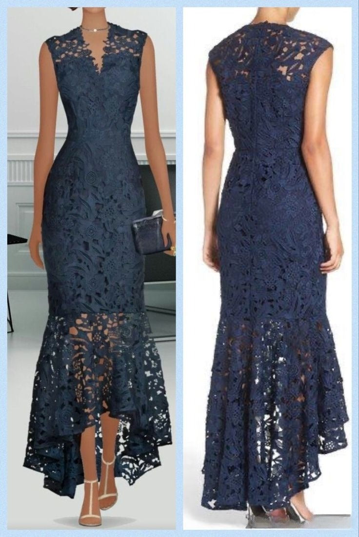 Navy blue lace v neck prom dress, long evening gown      S7000