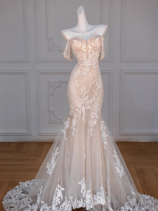 Apricot pink one-shoulder flower waist slim hip maxi dress prom dress bridal gown R5849