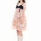 Black And Pink Tiered Ruffle Cami Dress Women With Lace Straps And Floral Print R9418