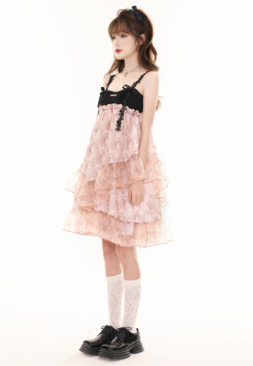Black And Pink Tiered Ruffle Cami Dress Women With Lace Straps And Floral Print R9418