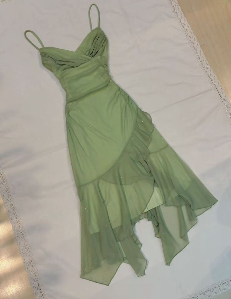 Green Chiffon Prom Dress Spaghetti Straps Evening Dress     S7015