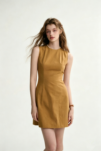 Camel Linen-Blend Sheath Dress Women With Round Neck And Sleeveless Design R9460
